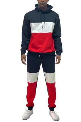 Mens Black Red Color Block Pullover Hoodie Sweat Pants Set