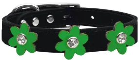 Metallic Flower Leather Collar Black With Metallic Emerald Green Flowers Size 14