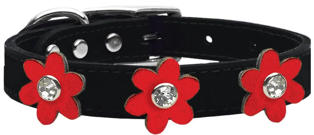 Metallic Flower Leather Collar Black With Metallic Red Flowers Size 24