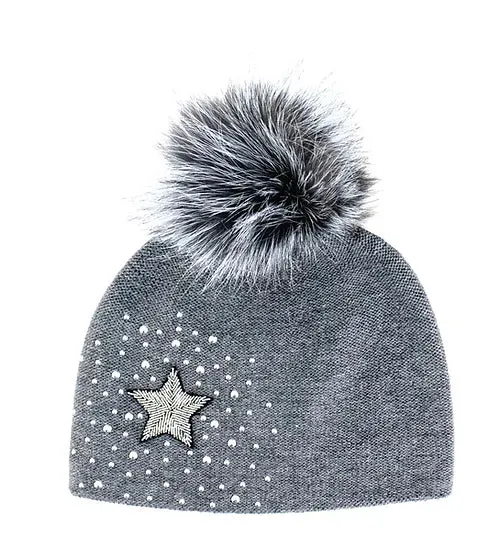 Mitchie's | Knit Hat with Star, Beads & Fox Fur Pompom | Women's