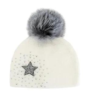 Mitchie's | Knit Hat with Star, Beads & Fox Fur Pompom | Women's