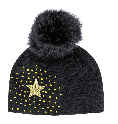 Mitchie's | Knit Hat with Star, Beads & Fox Fur Pompom | Women's