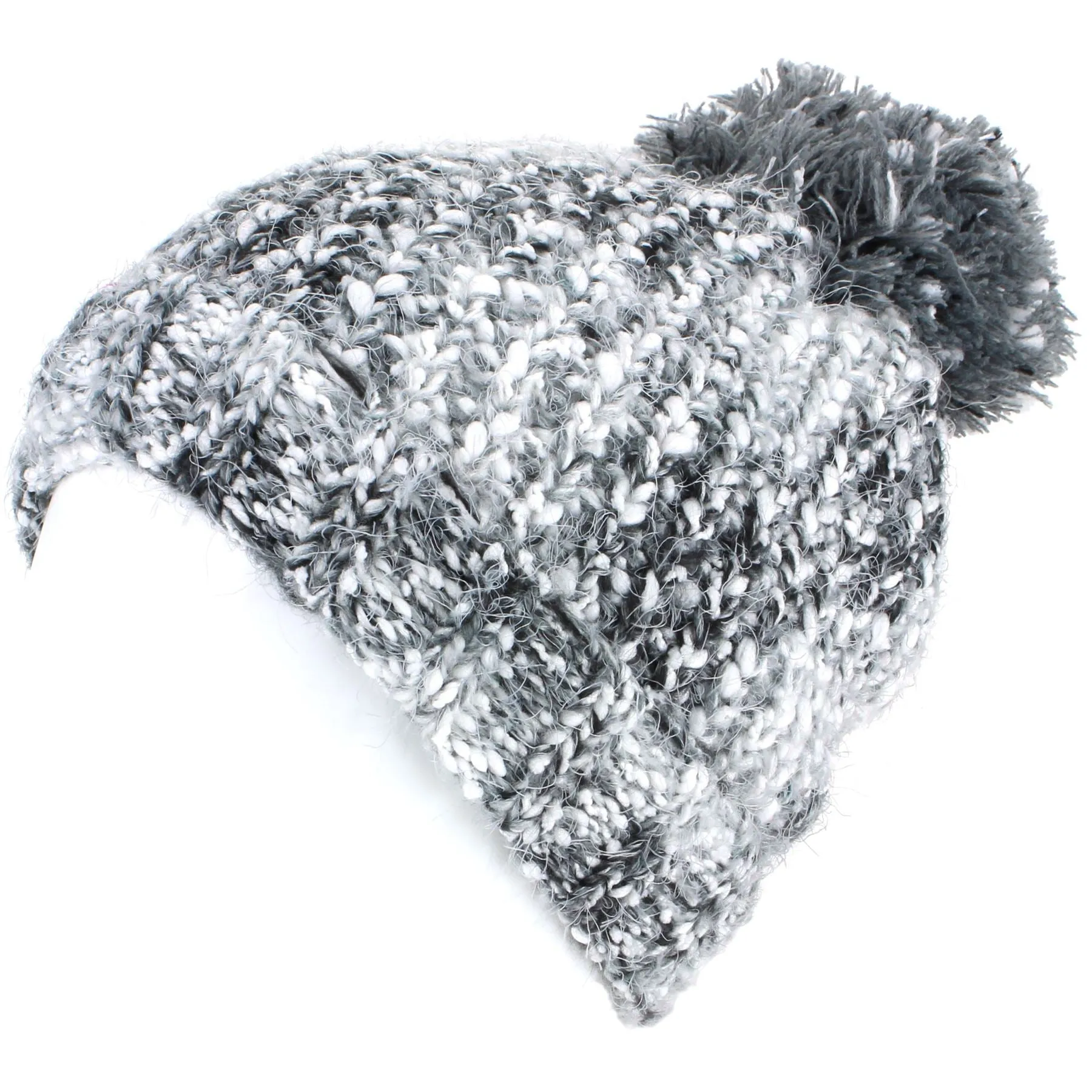 Mixed Yarn Chunky Slouch Beanie Bobble Hat with Super Soft Fleece Lining - Grey