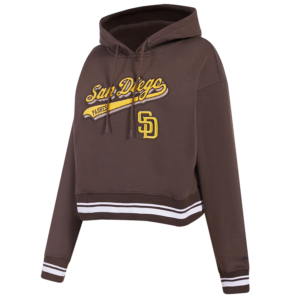 MLB SAN DIEGO PADRES SCRIPT TAIL WOMEN'S RIB FLC CROPPED PO HOODIE (BROWN)