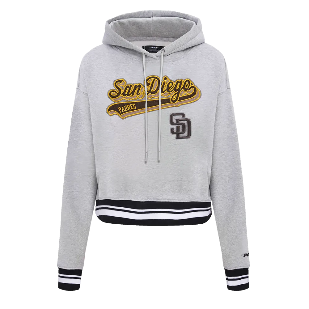 MLB SAN DIEGO PADRES SCRIPT TAIL WOMEN'S RIB FLC CROPPED PO HOODIE (HEATHER GRAY/BLACK)