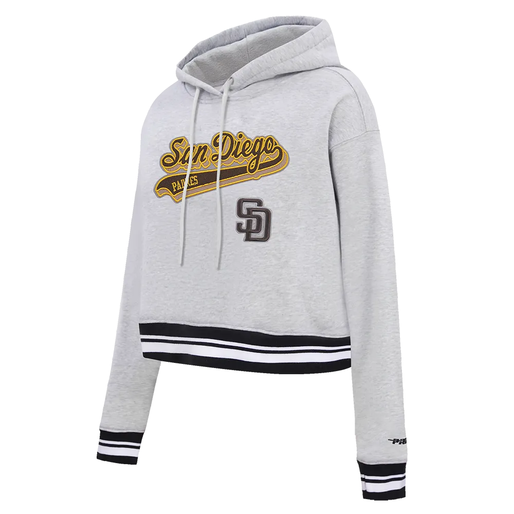 MLB SAN DIEGO PADRES SCRIPT TAIL WOMEN'S RIB FLC CROPPED PO HOODIE (HEATHER GRAY/BLACK)