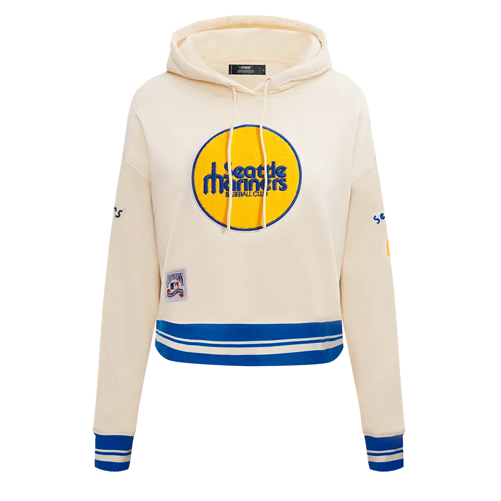 MLB SEATTLE MARINERS RETRO CLASSIC WOMEN'S RIB CROPPED PO HOODIE (EGGSHELL/ROYAL BLUE)