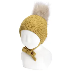 Mustard Faux Fur Pom Pom Hat with Ties