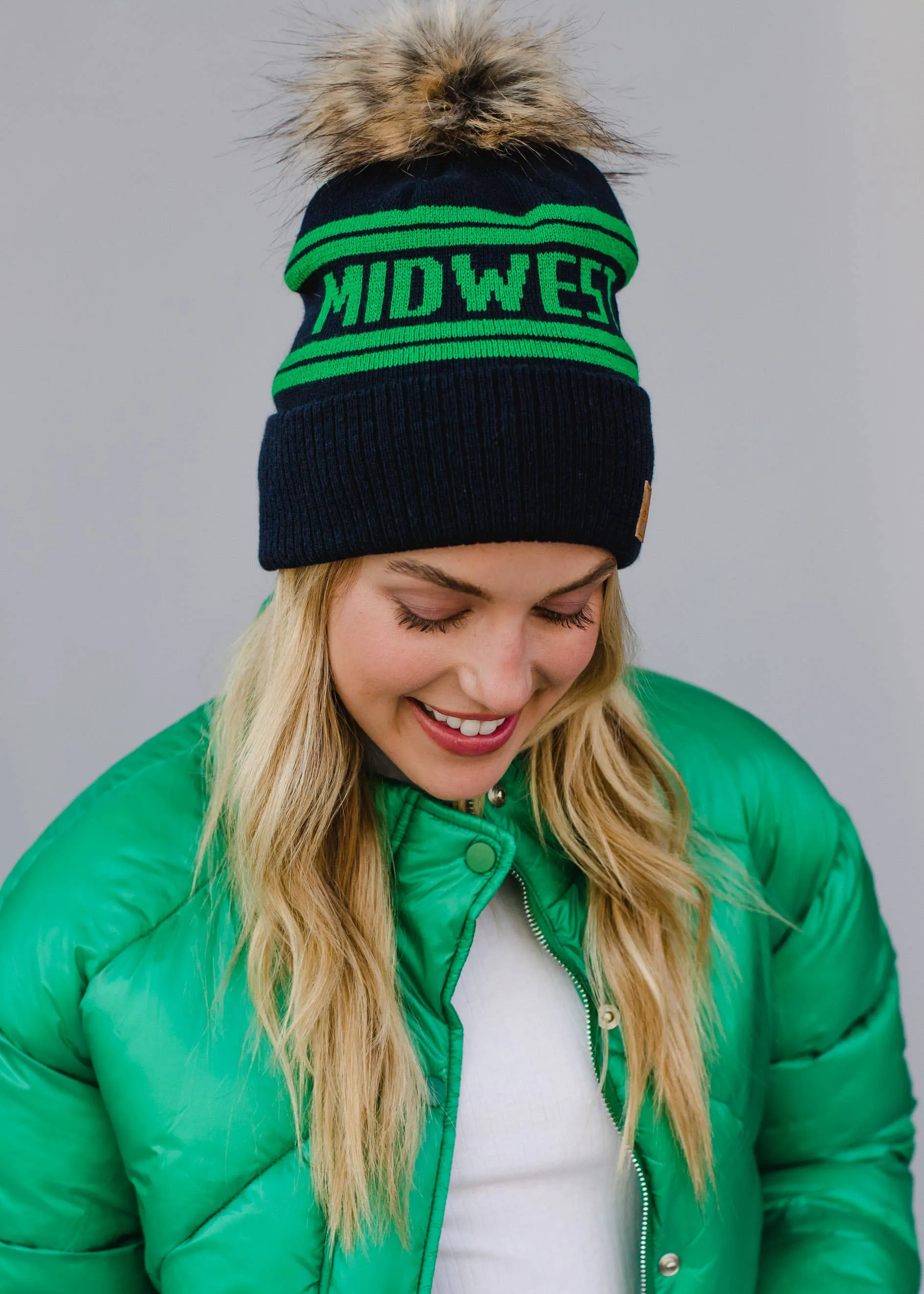 ***Navy Base & Green Midwest Pom Hat