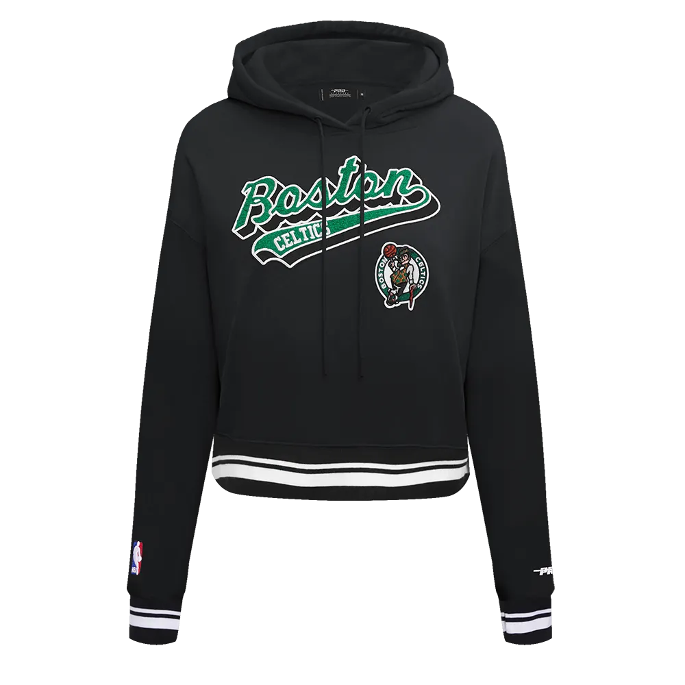 NBA BOSTON CELTICS SCRIPT TAIL WOMEN'S RIB FLC CROPPED PO HOODIE (BLACK)