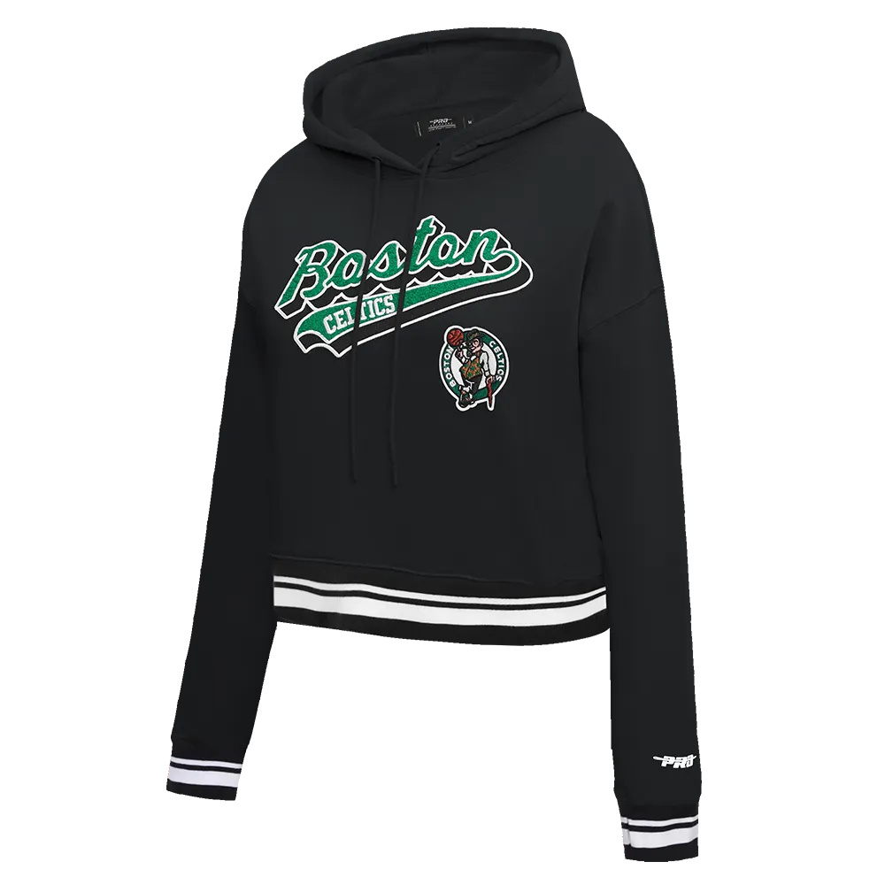 NBA BOSTON CELTICS SCRIPT TAIL WOMEN'S RIB FLC CROPPED PO HOODIE (BLACK)