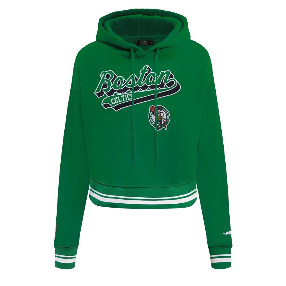 NBA BOSTON CELTICS SCRIPT TAIL WOMEN'S RIB FLC CROPPED PO HOODIE (KELLY GREEN)