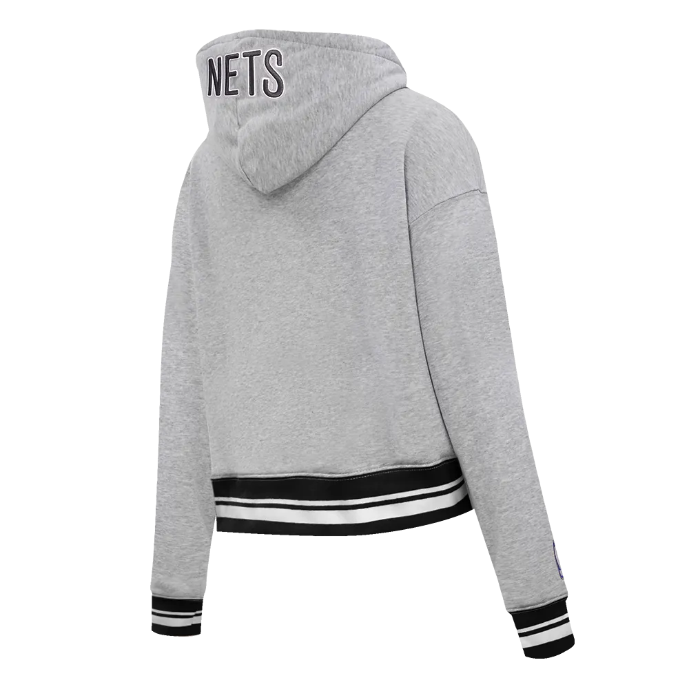 NBA BROOKLYN NETS SCRIPT TAIL WOMEN'S RIB FLC CROPPED PO HOODIE (HEATHER GRAY/BLACK)