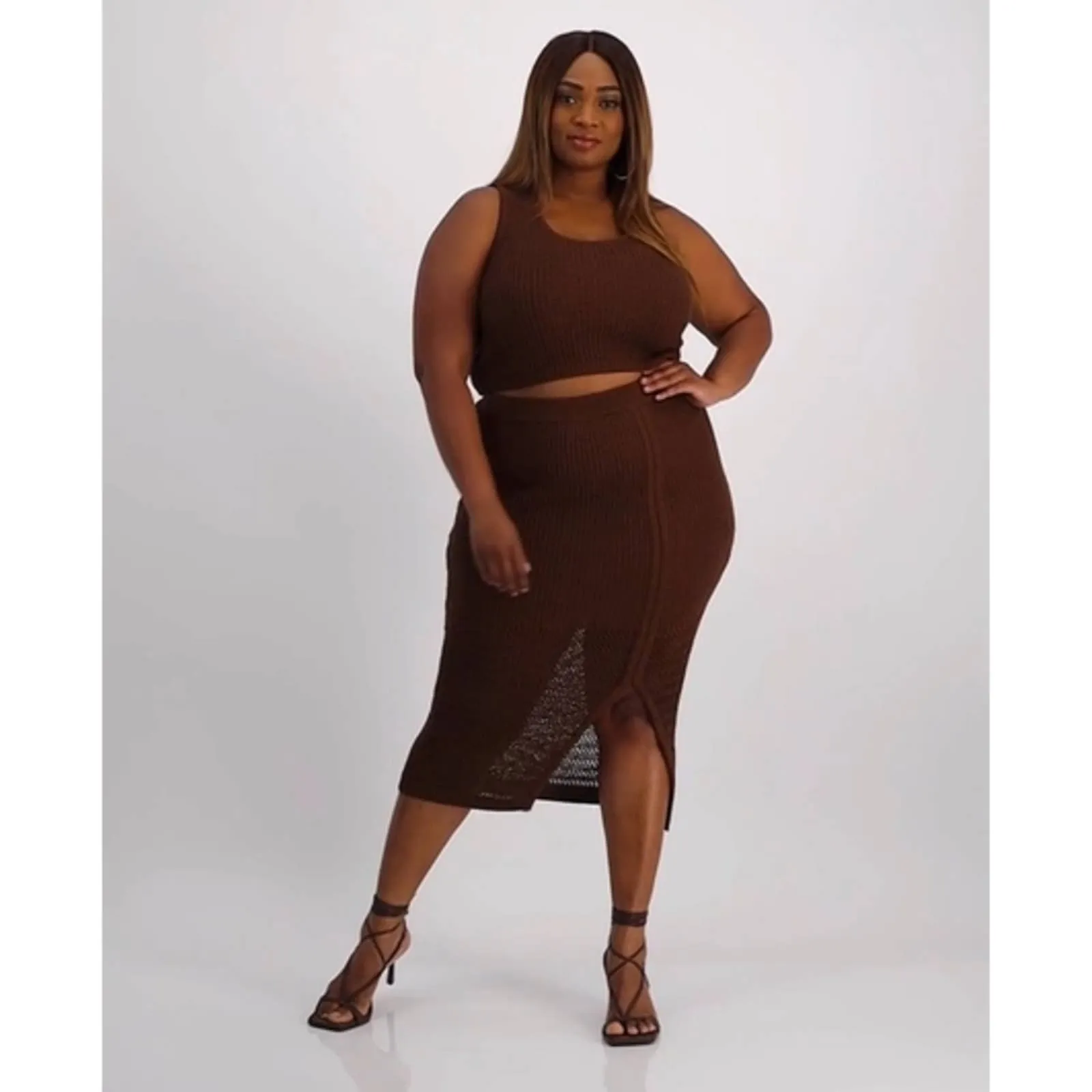 New Nina Parker Crochet Slit-Front Skirt Chocolate Brown