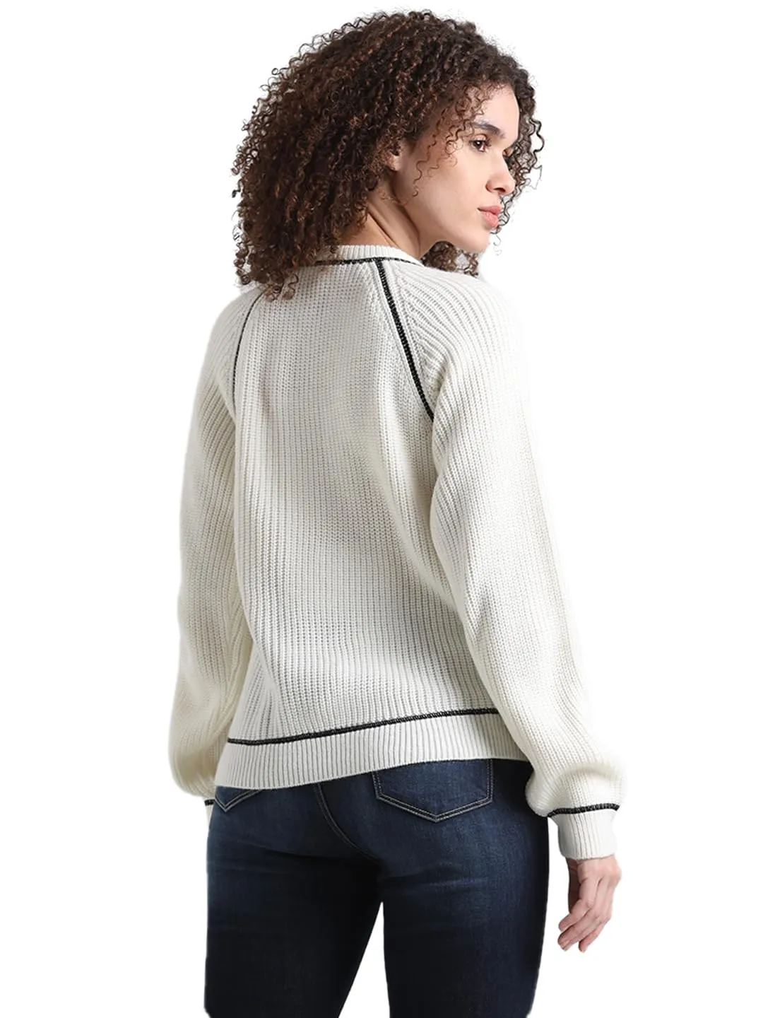 ONLY Women's Acrylic Round Neck Sweater (15332501- Ecru