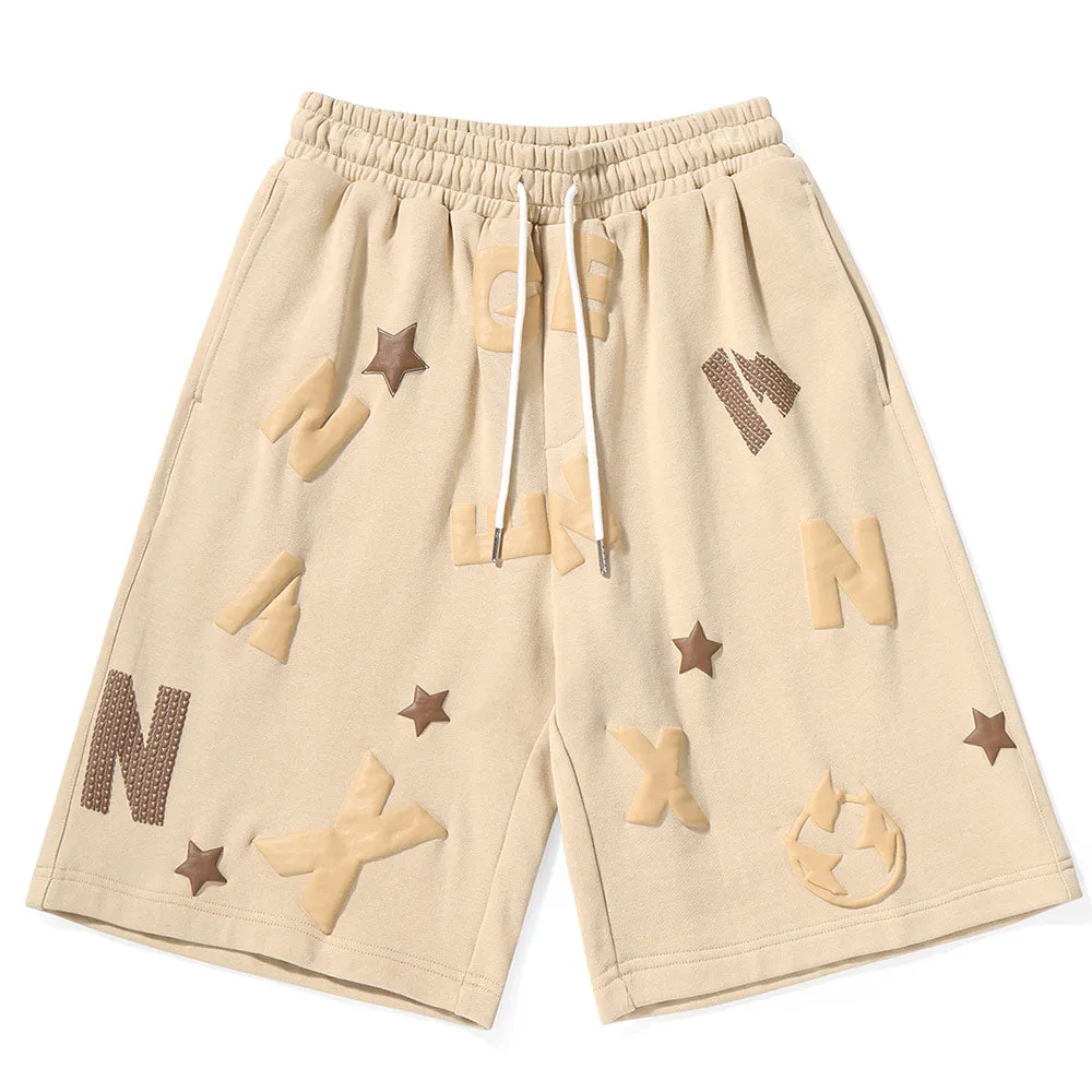 Pentagram Letter Graffiti Print Loose Cotton Shorts