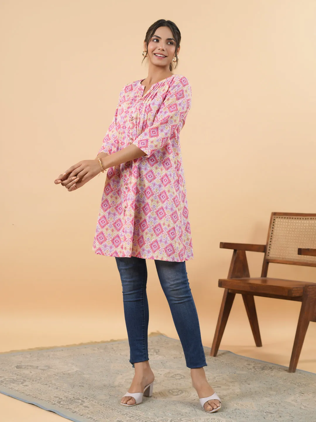 Pink Cotton Ikkat Pleated Tunic