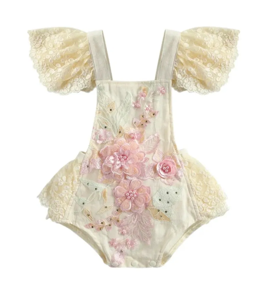 Pink Floral Embroidered Lace Romper #1001158