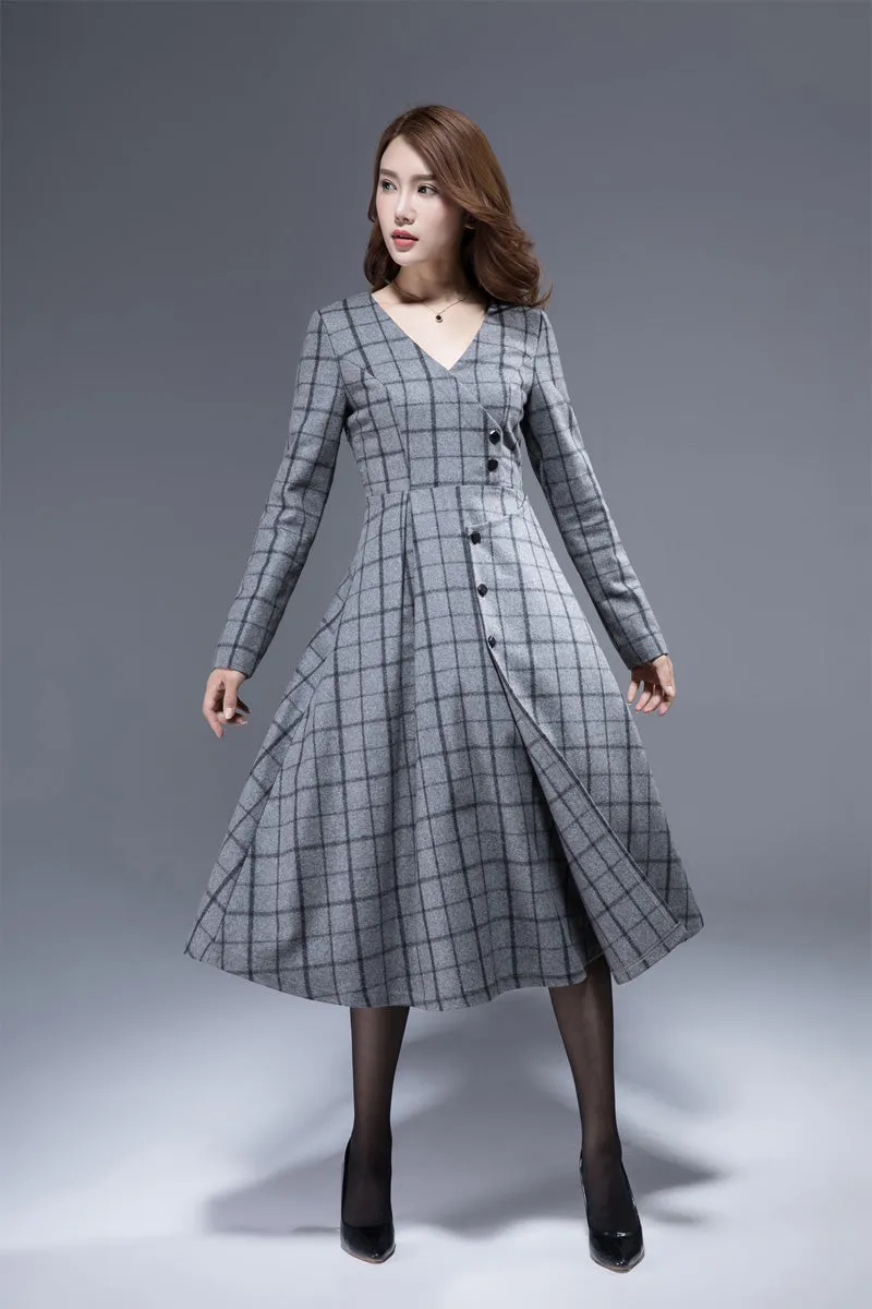 plaid dress, wool dress, winter dress, tiered dress, midi dress, V neck dress,  1813