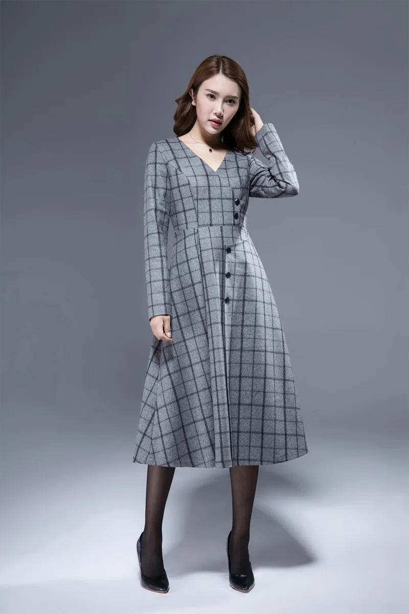 plaid dress, wool dress, winter dress, tiered dress, midi dress, V neck dress,  1813