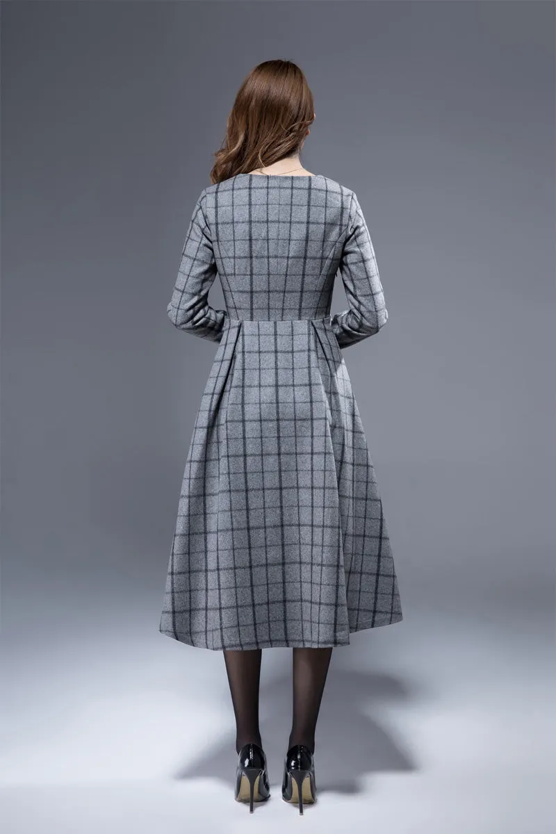 plaid dress, wool dress, winter dress, tiered dress, midi dress, V neck dress,  1813