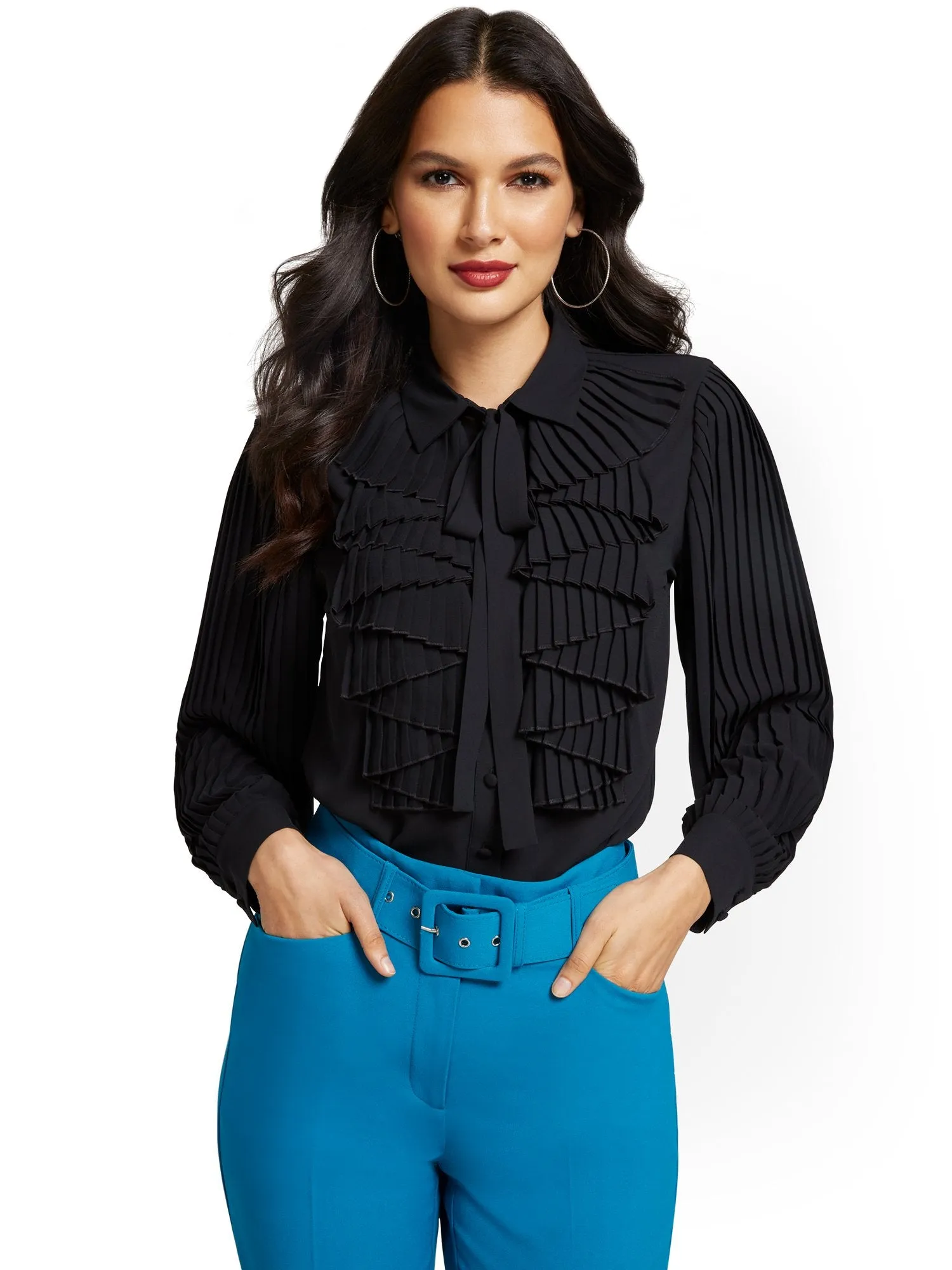 Pleated Tie-Neck Blouse