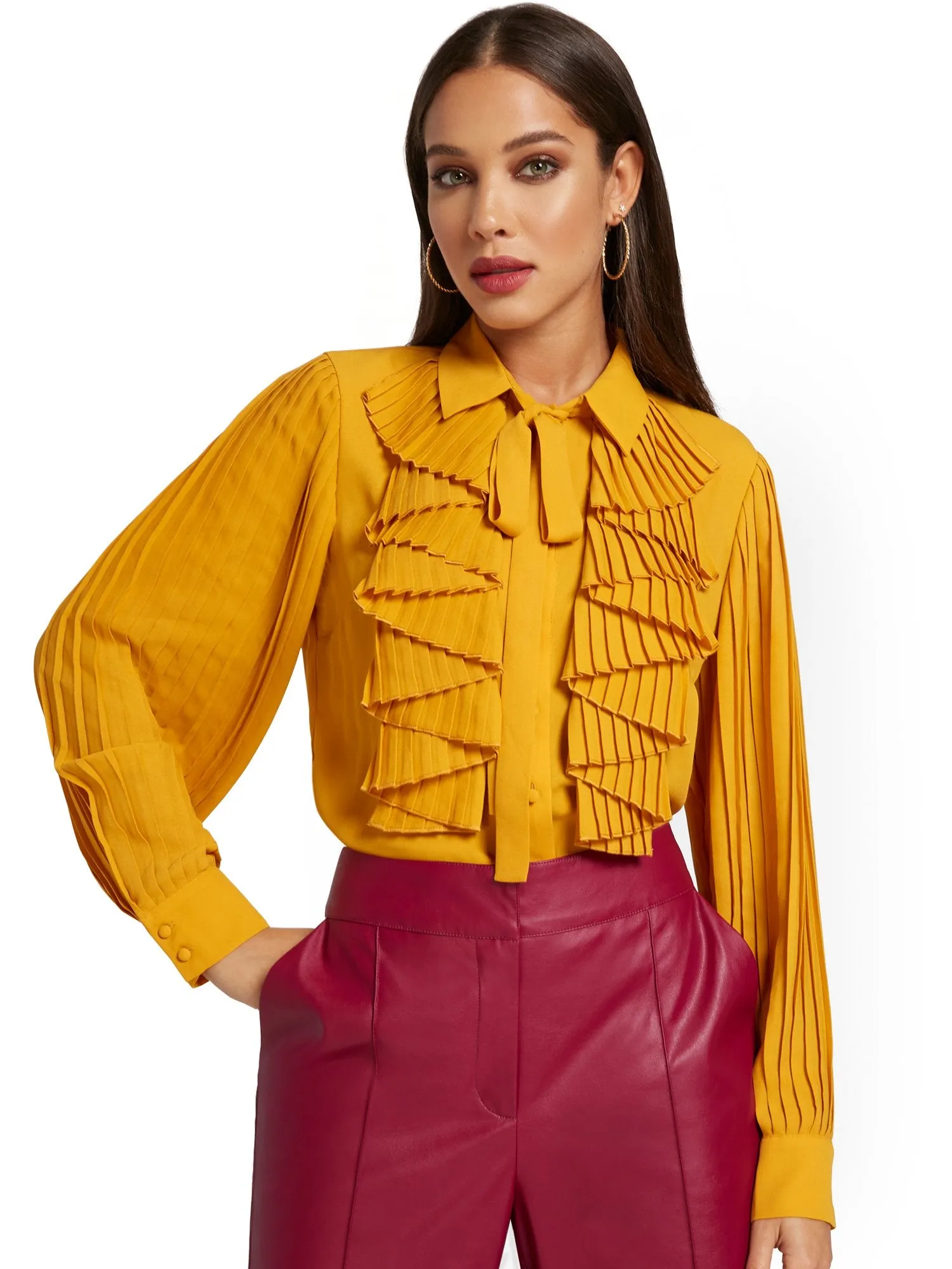 Pleated Tie-Neck Blouse