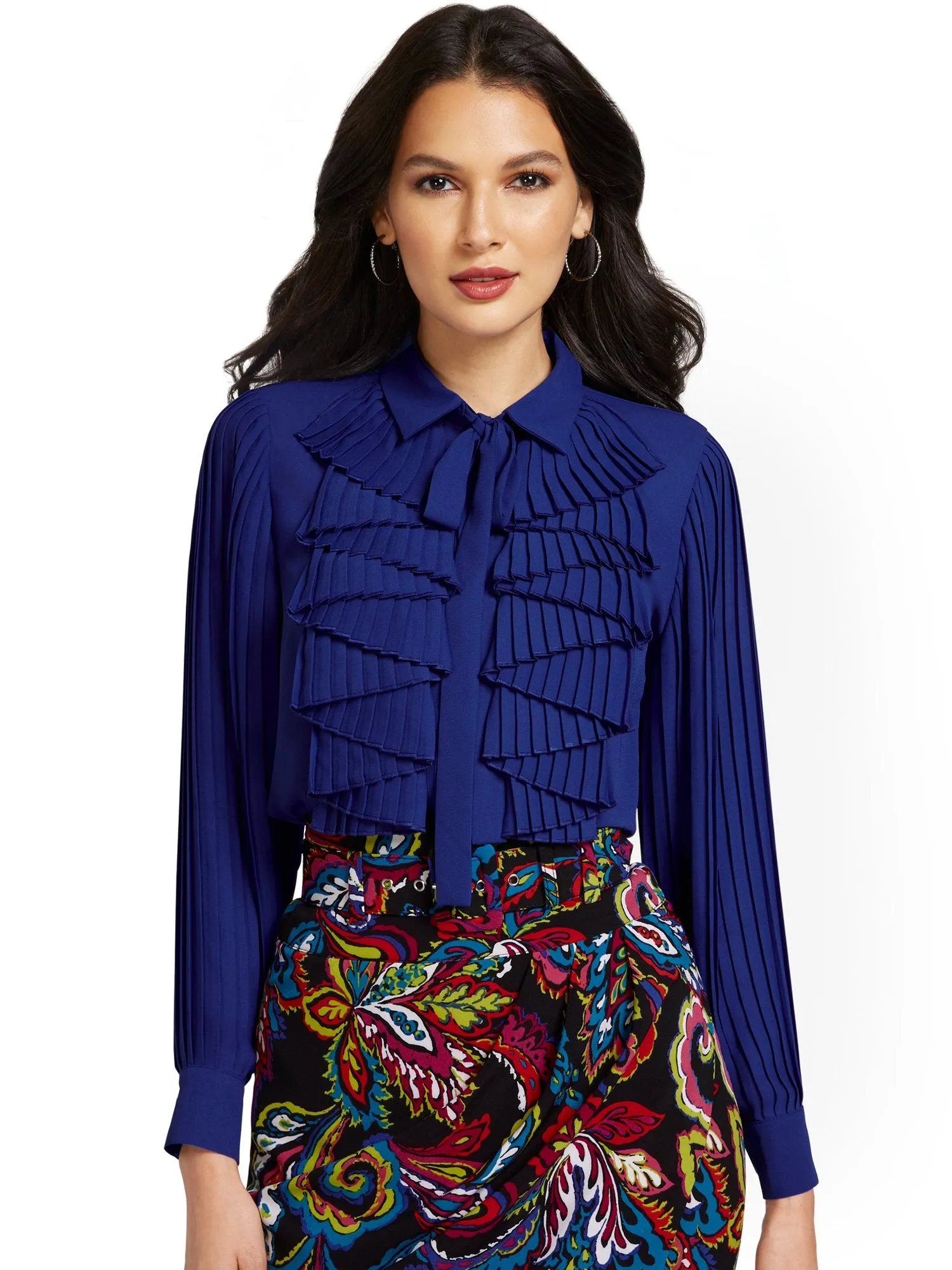 Pleated Tie-Neck Blouse