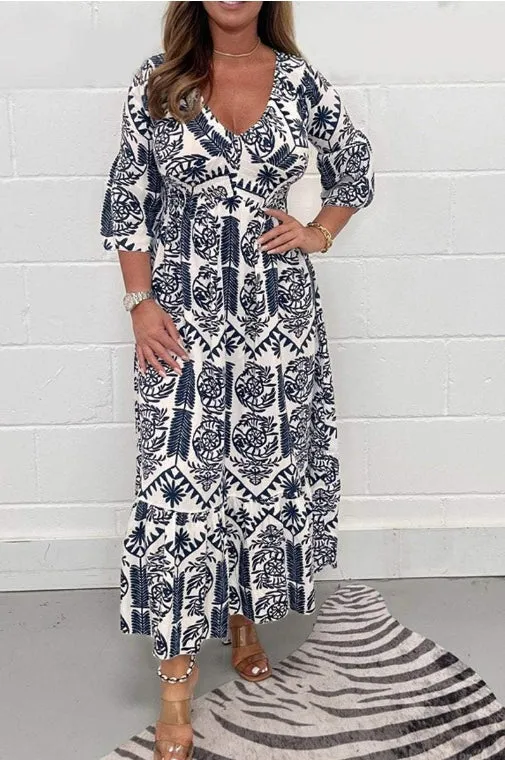 Printed V-neck Plus Size Dress