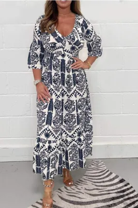 Printed V-neck Plus Size Dress