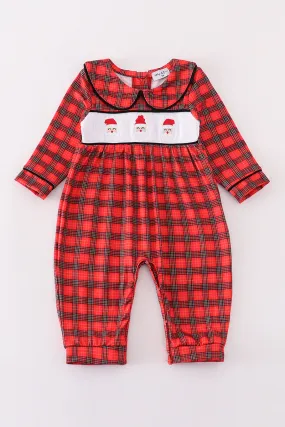 Red christmas santa embroidery smocked plaid boy bishop romper