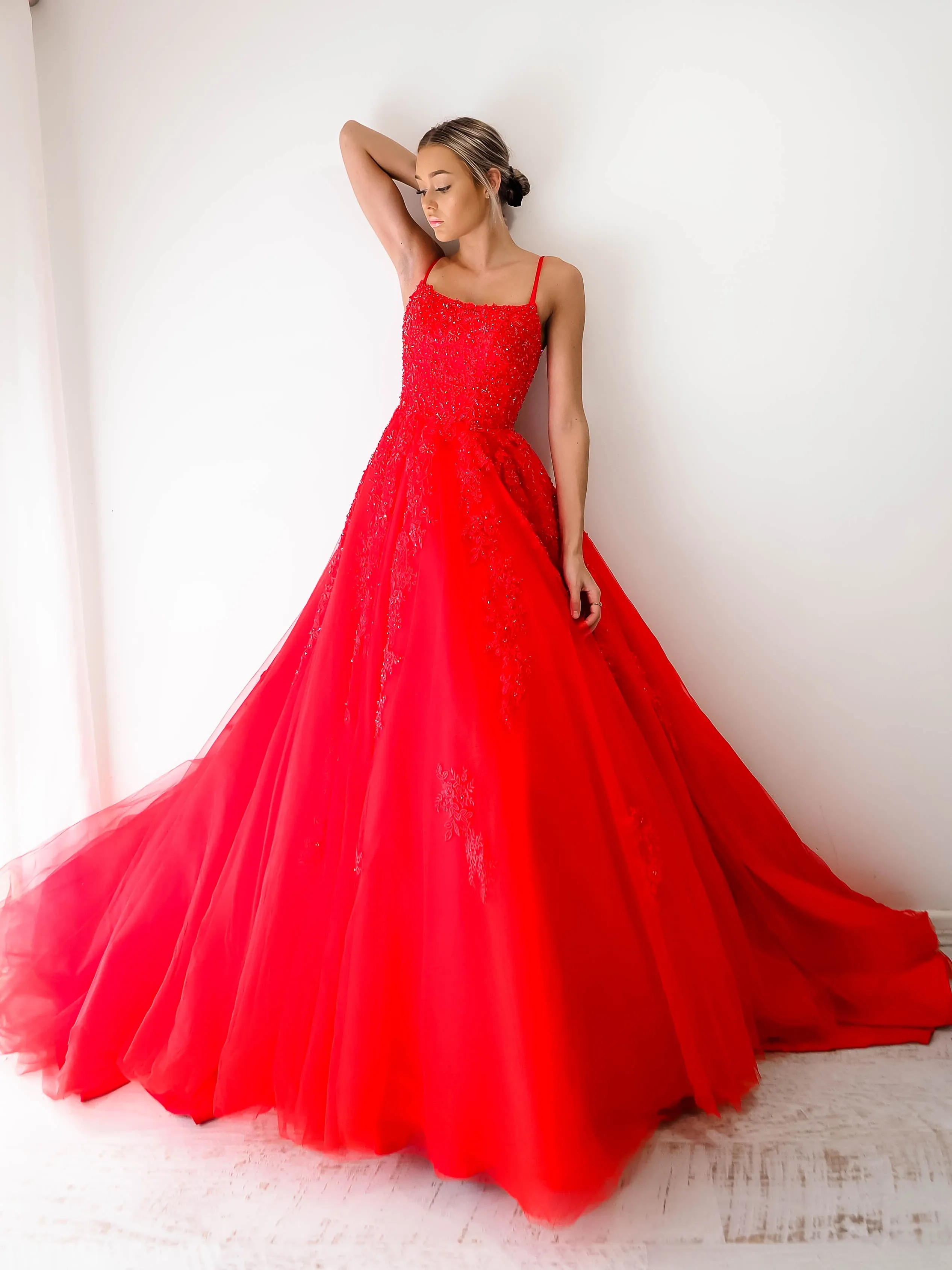 Red tulle princess dress for hire