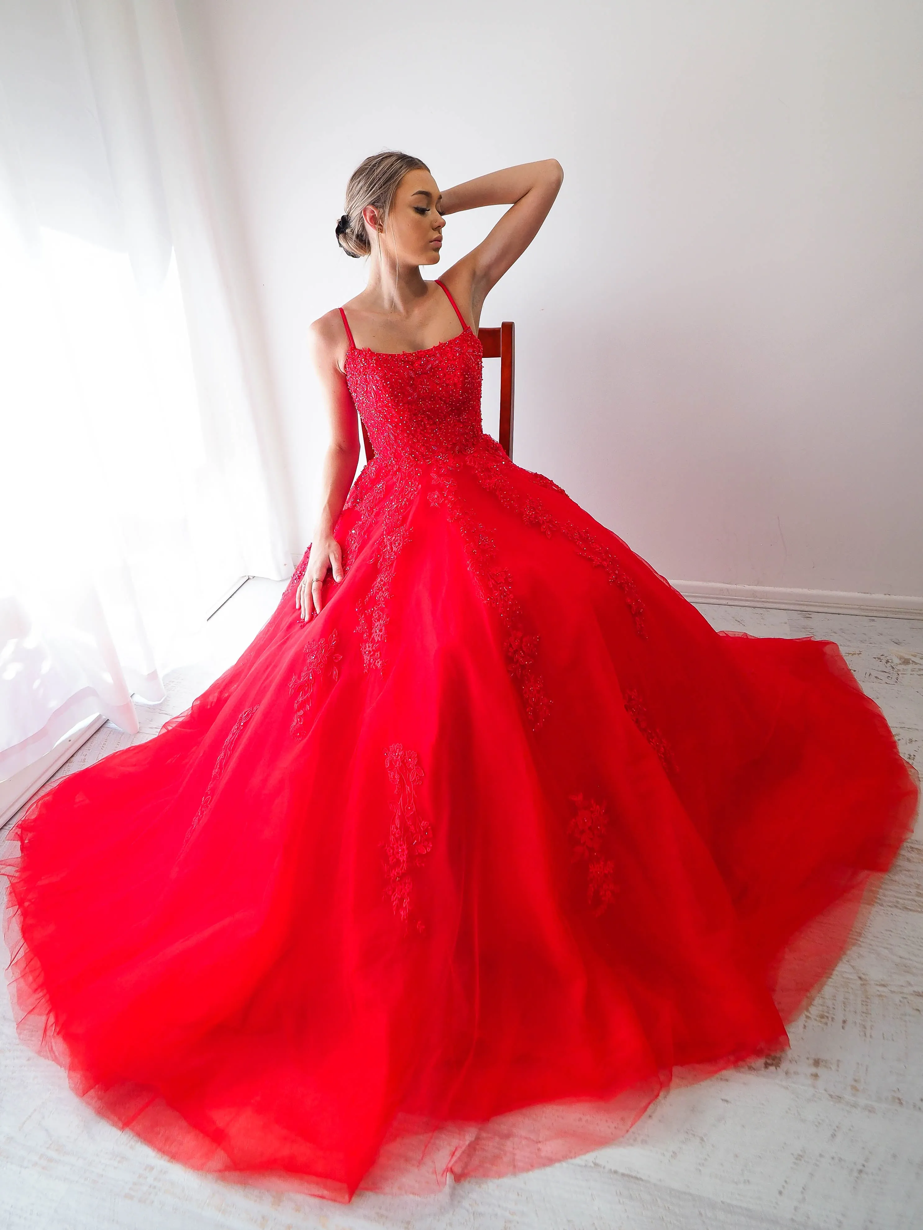 Red tulle princess dress for hire