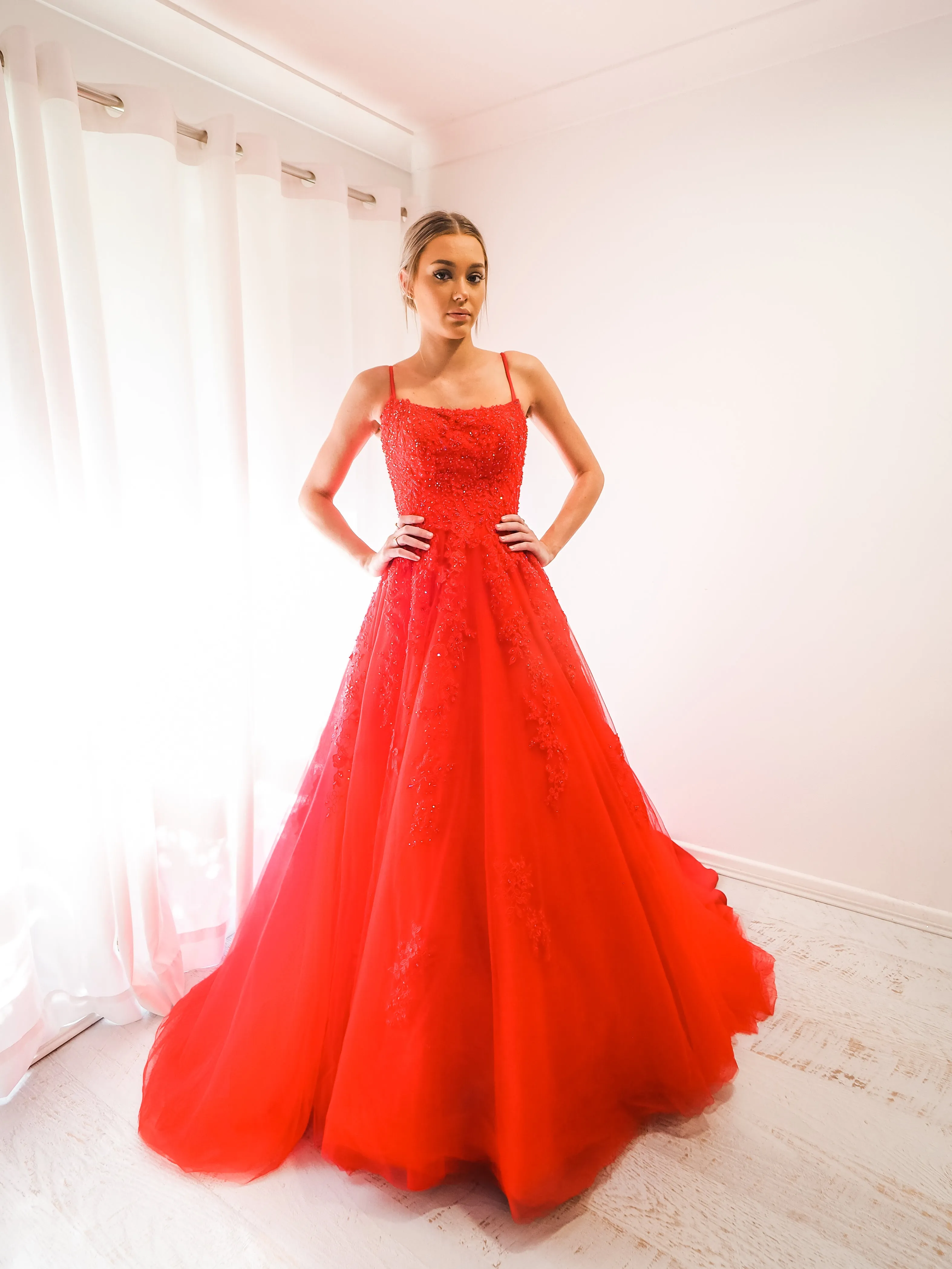 Red tulle princess dress for hire