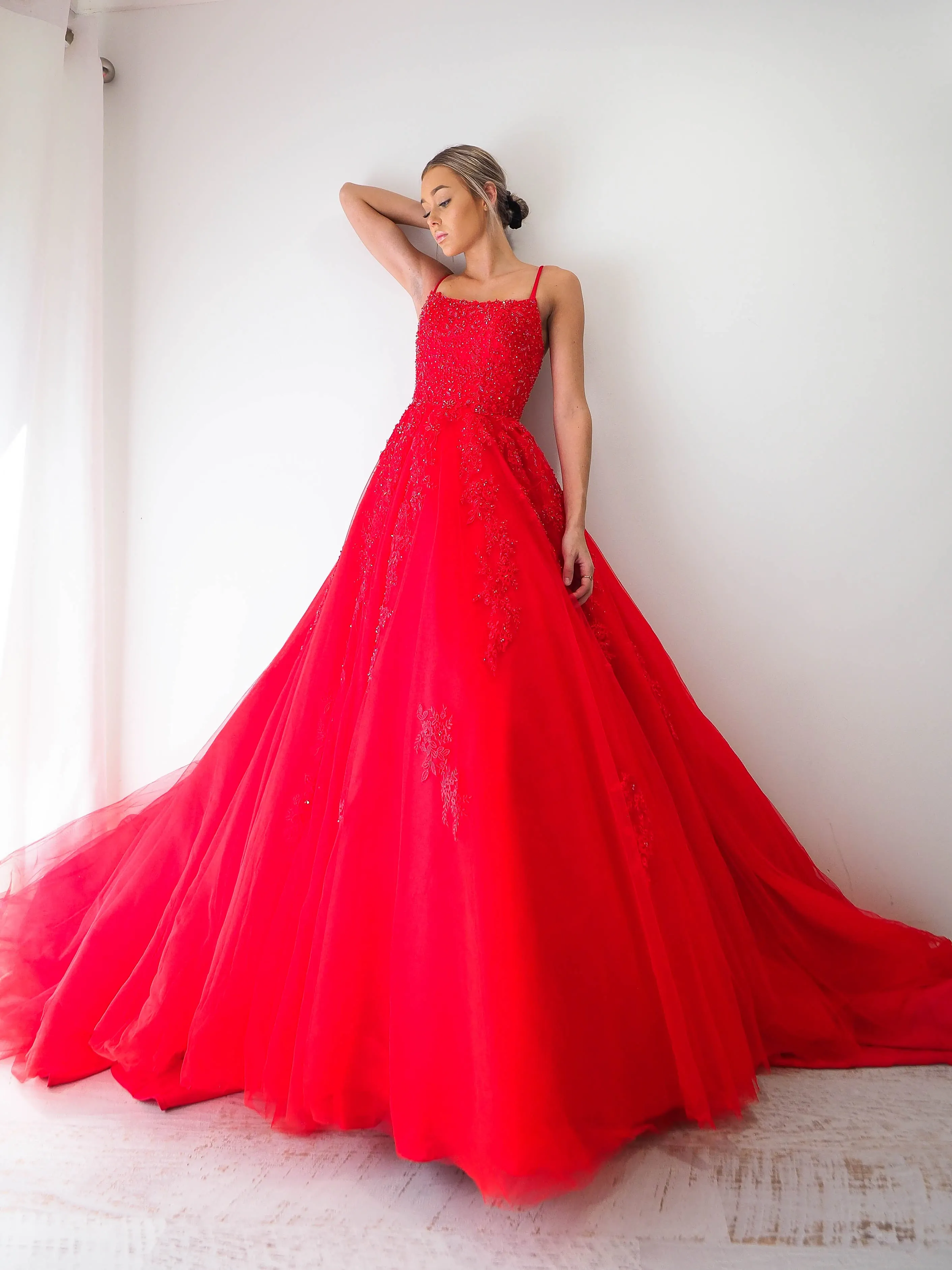 Red tulle princess dress for hire