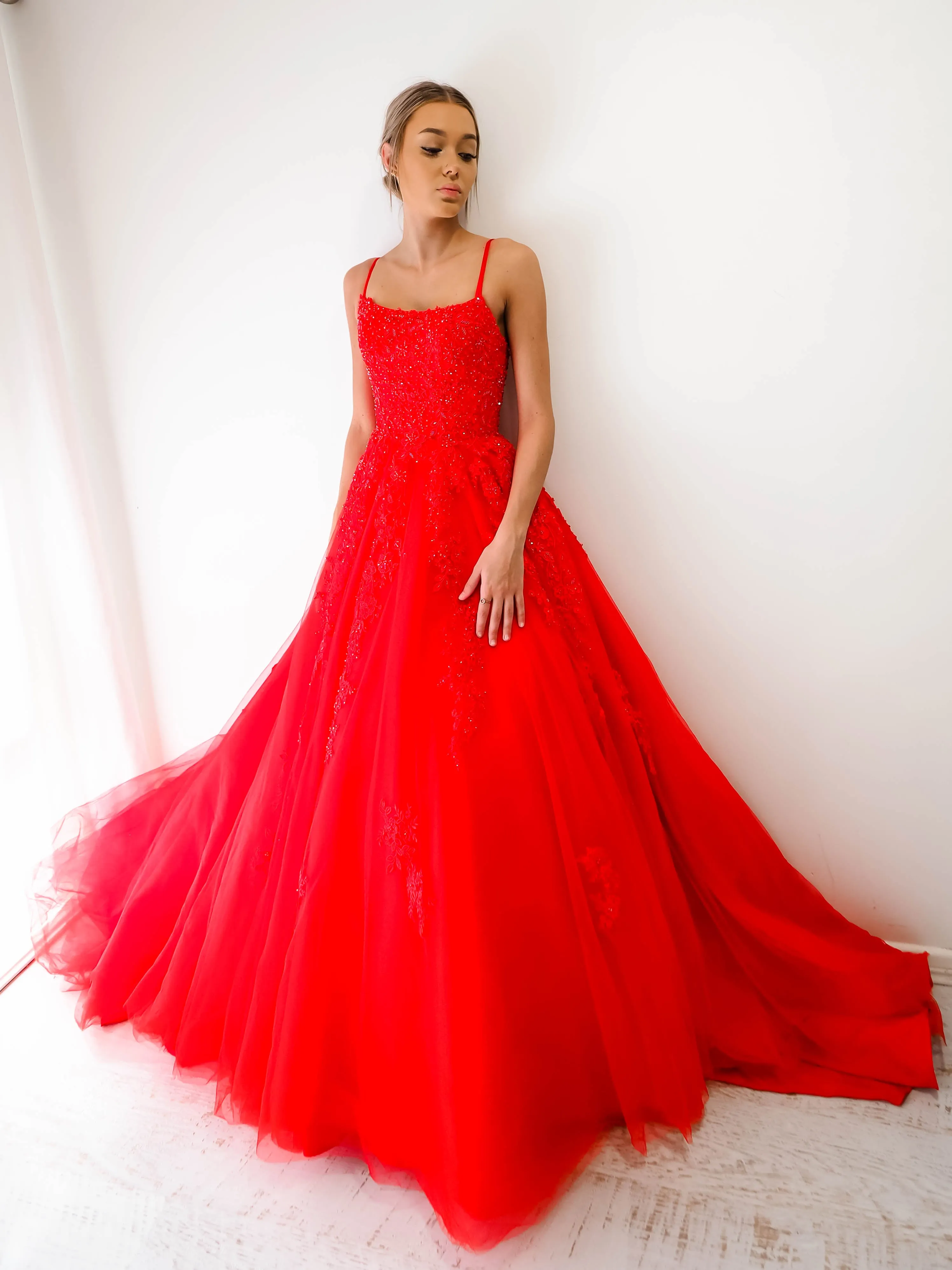 Red tulle princess dress for hire