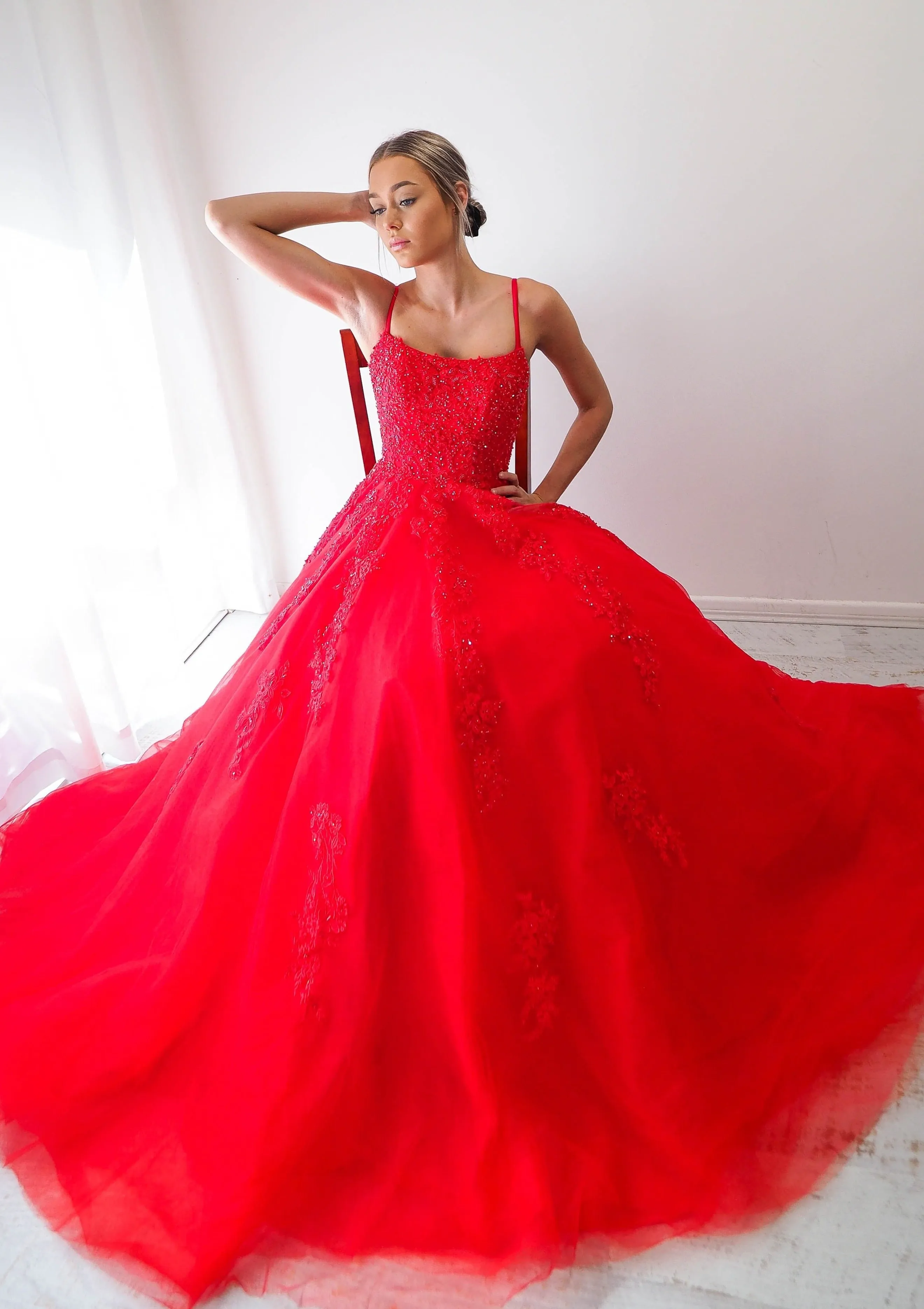 Red tulle princess dress for hire