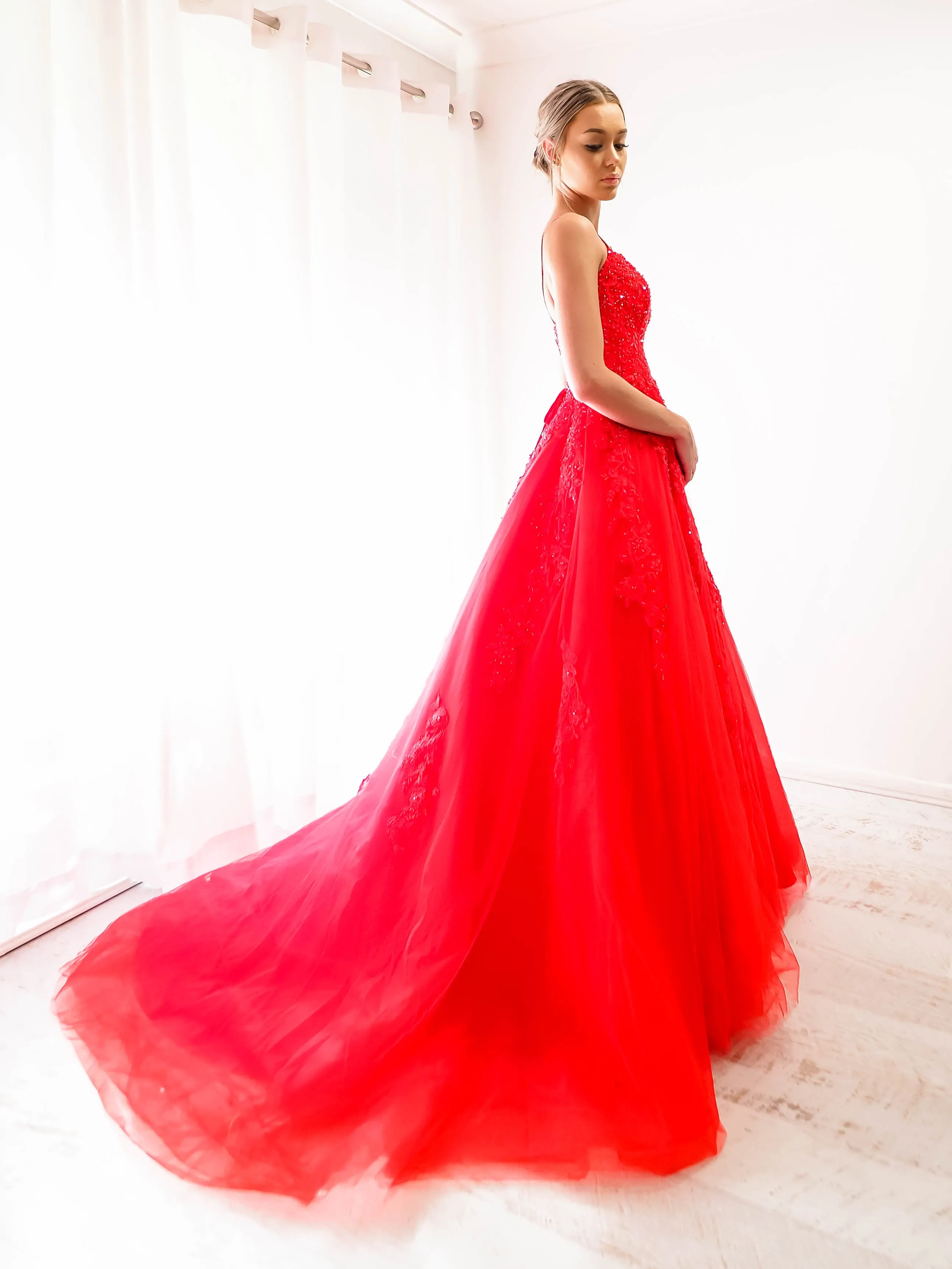 Red tulle princess dress for hire