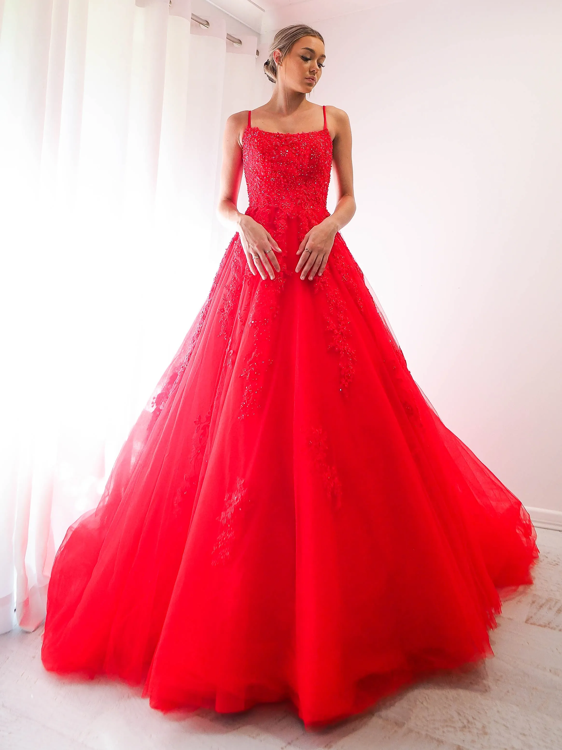 Red tulle princess dress for hire