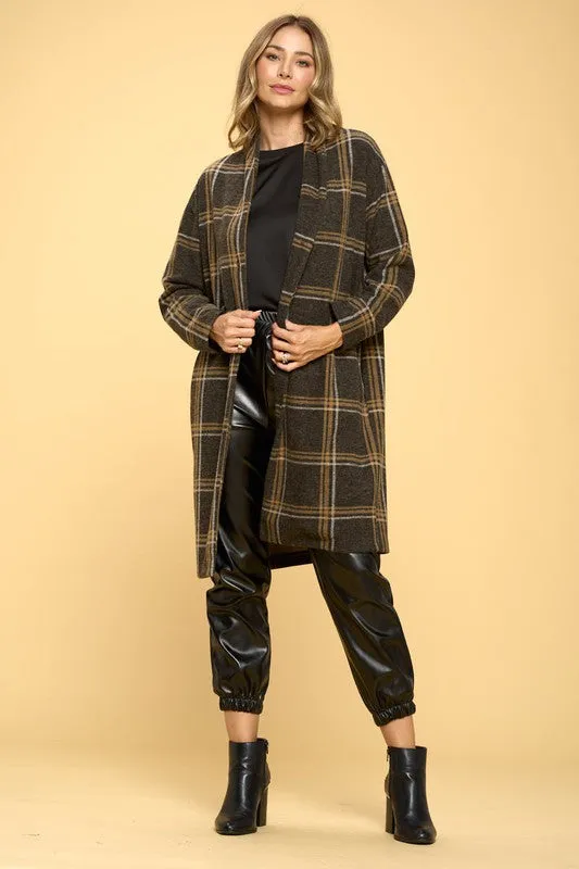 RENEE C. Plus-size Plaid Coat with Buttons and Pockets