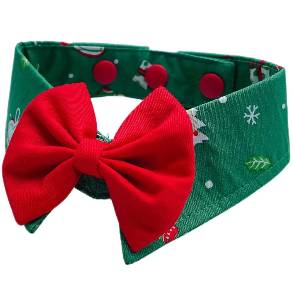 RuffCo Handcrafted Bowtie Button Collar For Cats & Dogs (Green Christmas)