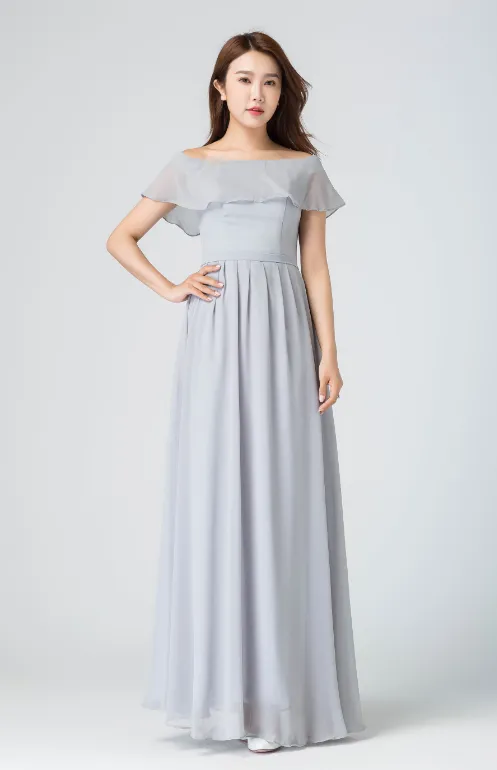 ruffled off shoulder dress, boho wedding dress, romantic dress, long gray chiffon dress 1913