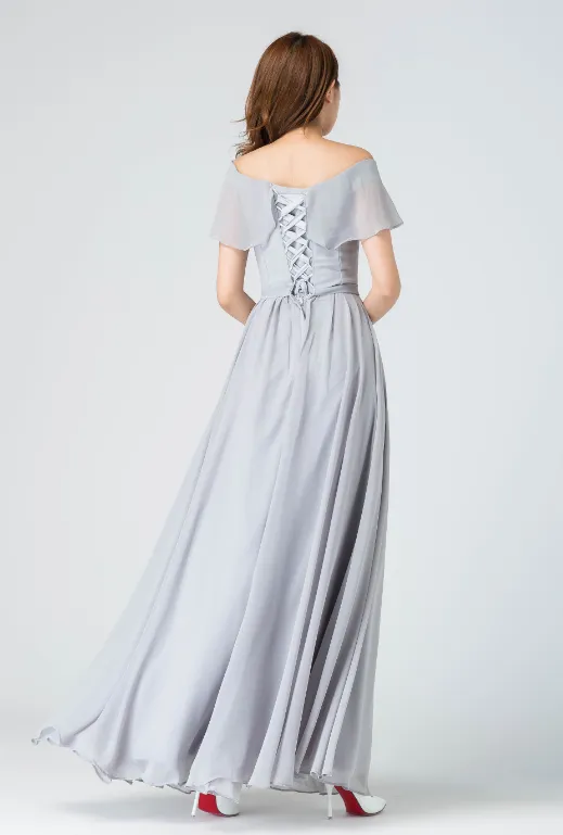 ruffled off shoulder dress, boho wedding dress, romantic dress, long gray chiffon dress 1913