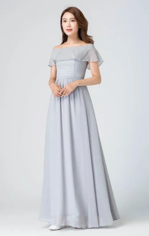 ruffled off shoulder dress, boho wedding dress, romantic dress, long gray chiffon dress 1913