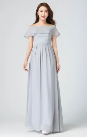 ruffled off shoulder dress, boho wedding dress, romantic dress, long gray chiffon dress 1913