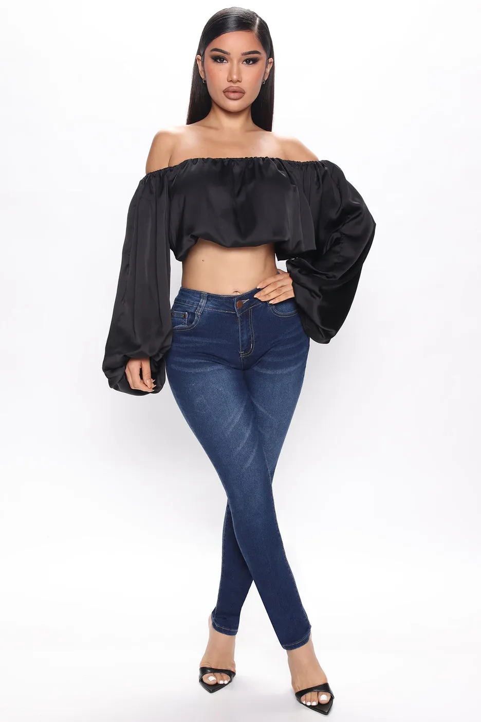 Sexy Black Satin Bardot Off The Shoulder Cropped Top