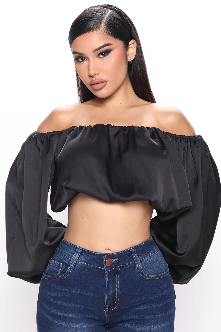 Sexy Black Satin Bardot Off The Shoulder Cropped Top