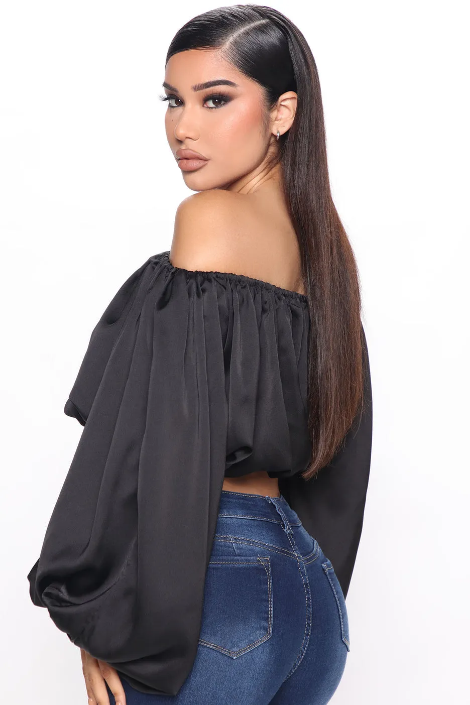 Sexy Black Satin Bardot Off The Shoulder Cropped Top