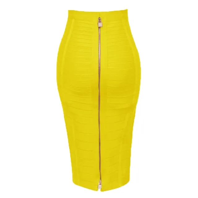 Sexy Solid Zip Up Bandage Skirt Women Elastic Bodycon Summer Pencil Skirt 58cm