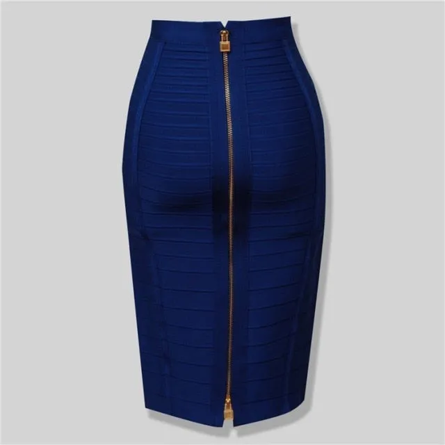 Sexy Solid Zip Up Bandage Skirt Women Elastic Bodycon Summer Pencil Skirt 58cm